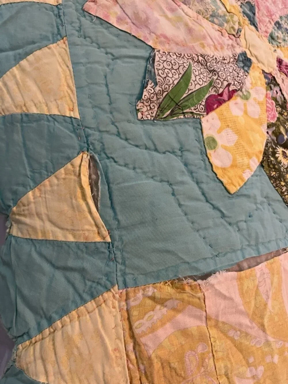 Dresden Floral Pinwheel Plates Quilt Pastel Scalloped Vtg Hand Stitched 60x80